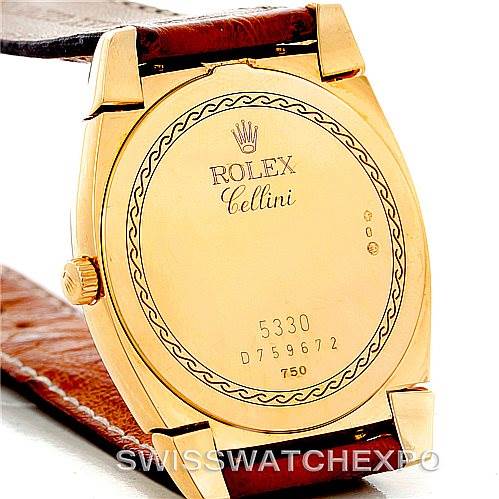 The image shows the back case of a Rolex Cellini 5330 Men's Yellow Gold White Dial 5330 Men's Yellow Gold White Dial watch at an angle, highlighting the case back and part of the leather strap.