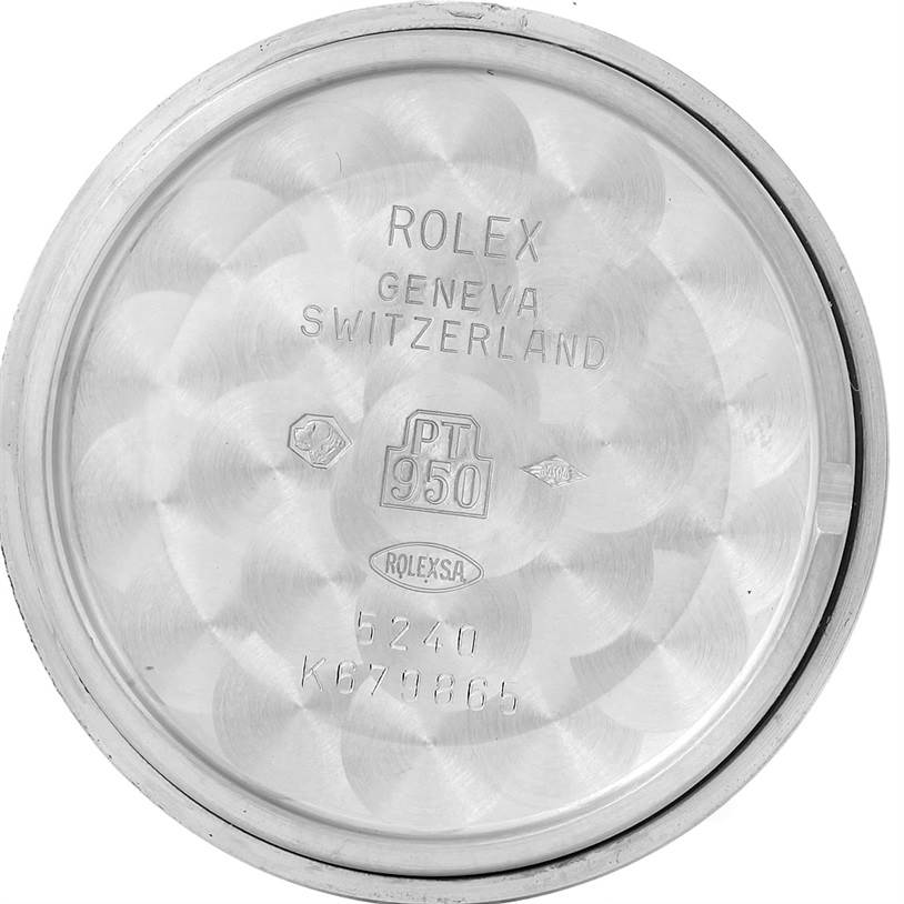 The image shows the inside case back of a Rolex Cellini 5240 Men's Platinum Mother of Pearl Dial 5240 Men's Platinum Mother of Pearl Dial watch, displaying serial numbers and branding.