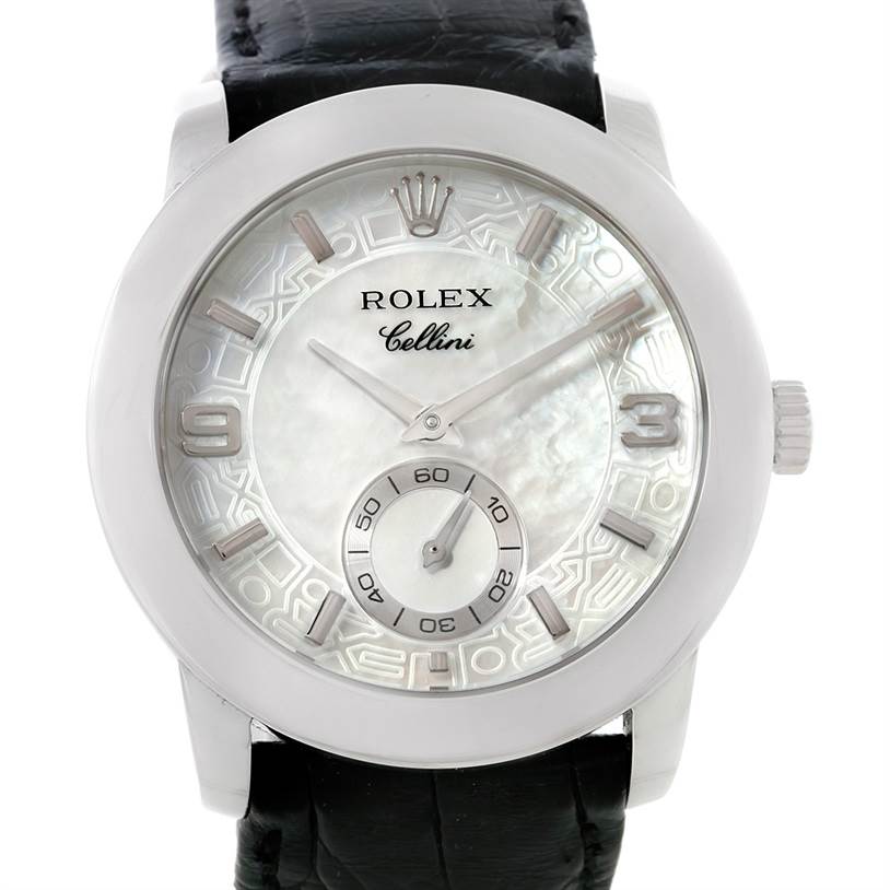 The image shows a front view of the Rolex Cellini 5240 Men's Platinum Mother of Pearl Dial 5240 Men's Platinum Mother of Pearl Dial watch, highlighting its dial, hands, and leather strap.