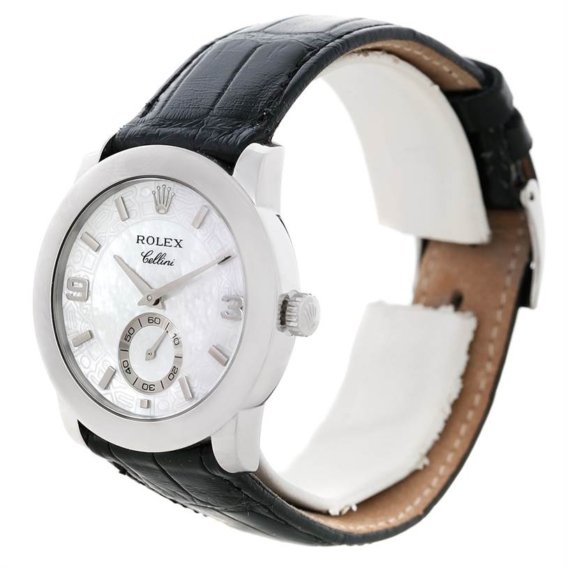 The Rolex Cellini 5240 Men's Platinum Mother of Pearl Dial 5240 Men's Platinum Mother of Pearl Dial watch is shown at a three-quarter angle, displaying its face, crown, and black leather strap.