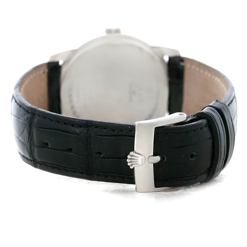 The image shows the back angle of the Rolex Cellini 5240 Men's Platinum Mother of Pearl Dial 5240 Men's Platinum Mother of Pearl Dial watch, focusing on its black leather strap and silver buckle.