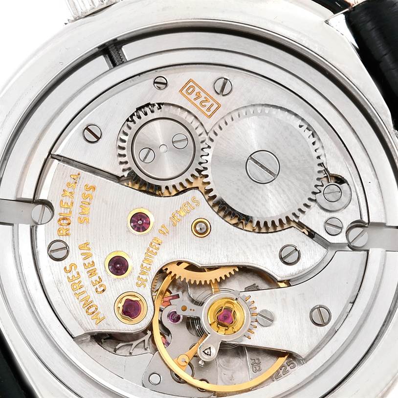 This image shows the internal mechanical components of a Rolex Cellini 5240 Men's Platinum Mother of Pearl Dial 5240 Men's Platinum Mother of Pearl Dial watch from a top-down angle.