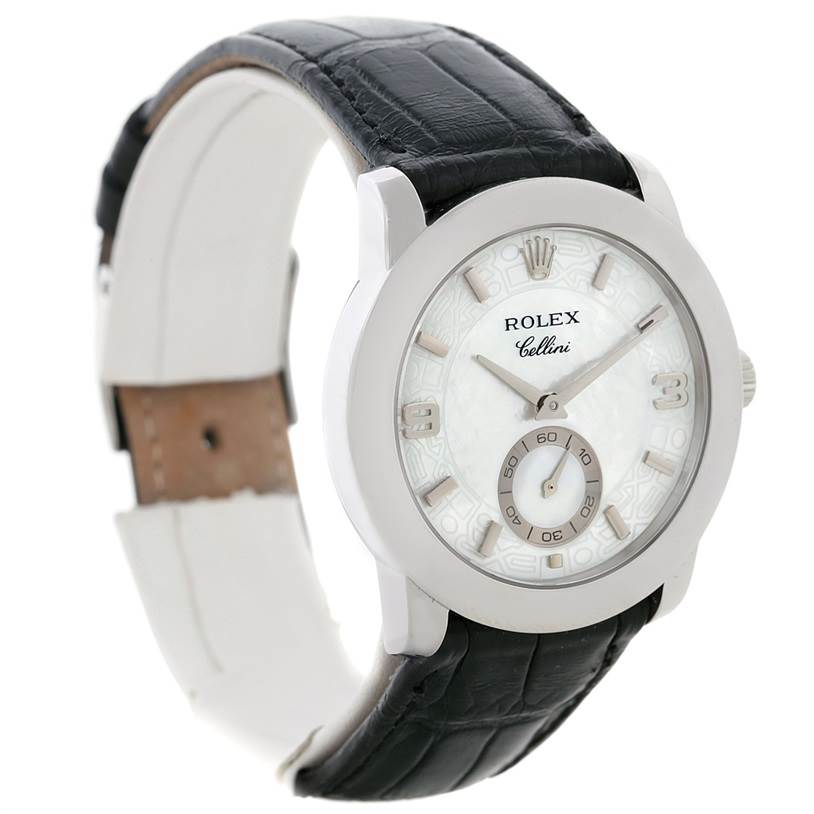 The image shows a Rolex Cellini 5240 Men's Platinum Mother of Pearl Dial 5240 Men's Platinum Mother of Pearl Dial watch from a front-left angle, displaying its face, bezel, case, and leather strap.
