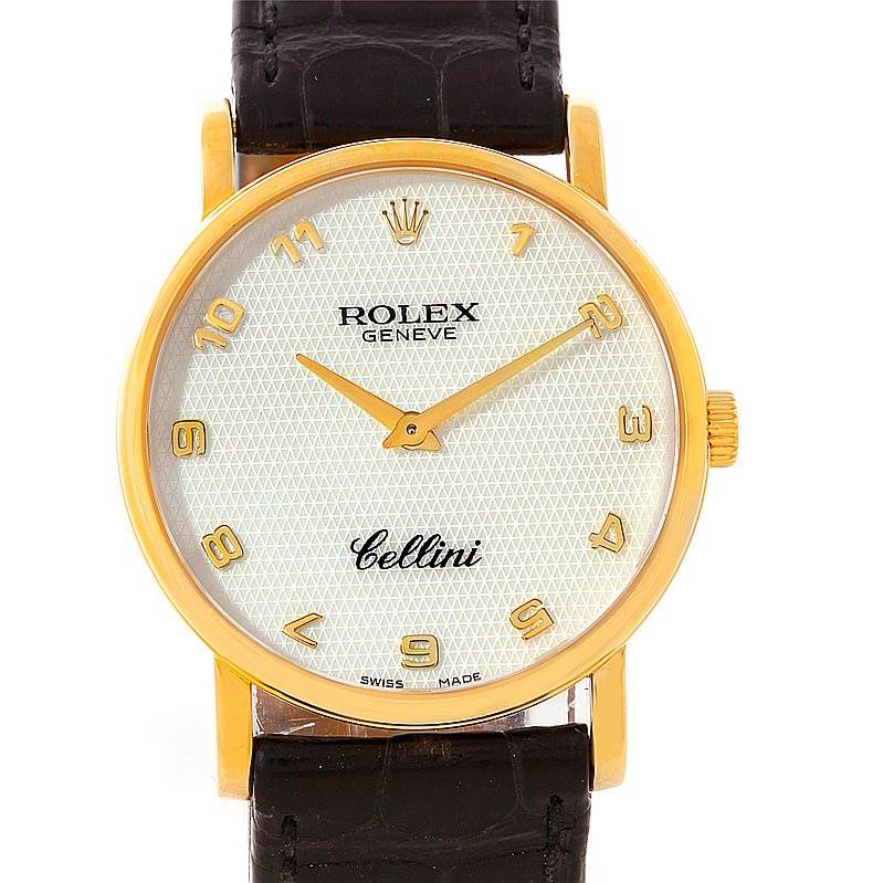 The Rolex Cellini 5115 Men's Yellow Gold Mother of Pearl Dial 5115 Men's Yellow Gold Mother of Pearl Dial watch is shown in a front view, featuring its dial, hands, case, and leather strap.