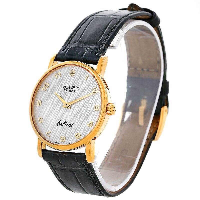 The Rolex Cellini 5115 Men's Yellow Gold Mother of Pearl Dial 5115 Men's Yellow Gold Mother of Pearl Dial watch is shown at a three-quarter angle displaying its face, gold case, crown, and black leather strap.