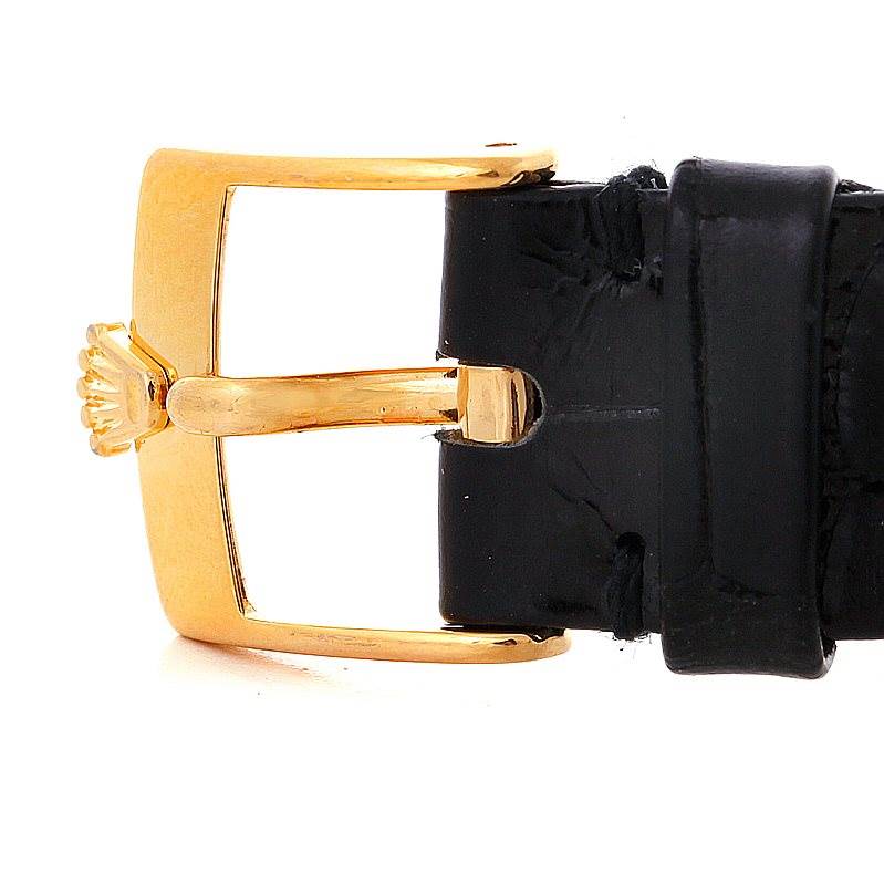 The image shows the gold buckle and black leather strap of a Rolex Cellini 5112 Men's Yellow Gold Beige Dial 5112 Men's Yellow Gold Beige Dial watch.