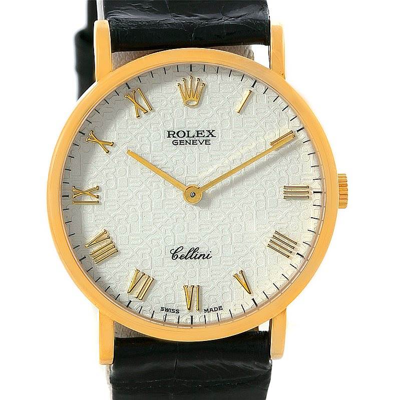 The Rolex Cellini 5112 Men's Yellow Gold Beige Dial 5112 Men's Yellow Gold Beige Dial watch is shown from the front, highlighting its dial, hands, crown, and part of the leather strap.