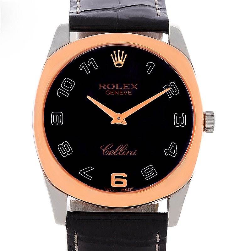 The image shows a front view of the Rolex Cellini 4233 Men's White Gold Black Dial 4233 Men's White Gold Black Dial watch, featuring a black dial, rose gold bezel, and a black leather strap.