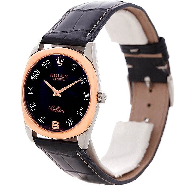 The image shows a front and side view of a Rolex Cellini 4233 Men's White Gold Black Dial 4233 Men's White Gold Black Dial watch, highlighting the face, crown, and leather strap.