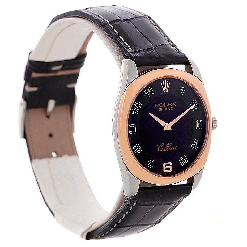 This image shows a Rolex Cellini 4233 Men's White Gold Black Dial 4233 Men's White Gold Black Dial watch from a front angle, featuring its black leather strap, rose gold bezel, and black dial.
