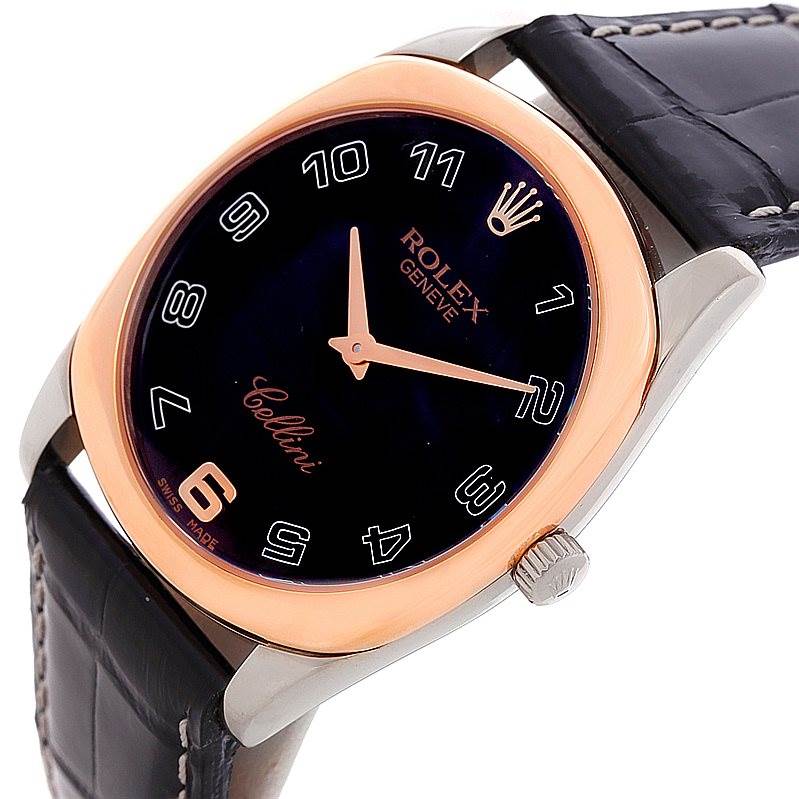 The image shows a close-up angle of a Rolex Cellini 4233 Men's White Gold Black Dial 4233 Men's White Gold Black Dial watch face, case, crown, and part of the leather strap.