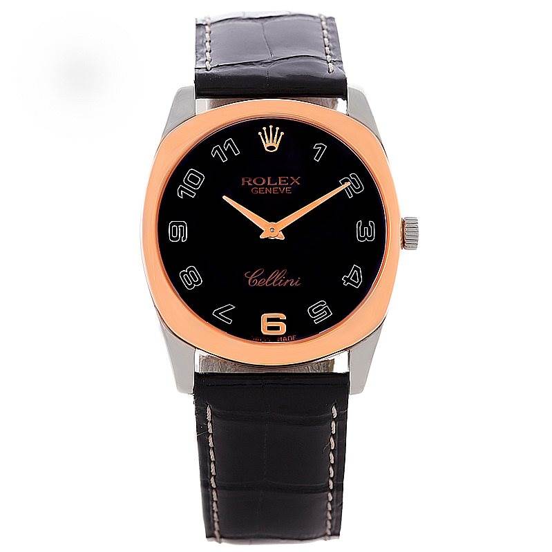 The image shows a front view of the Rolex Cellini 4233 Men's White Gold Black Dial 4233 Men's White Gold Black Dial watch, displaying its face, bezel, and leather strap.