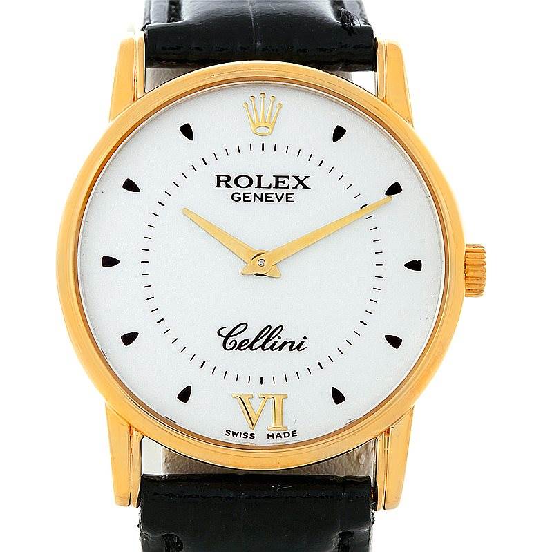 The image shows a front view of a Rolex Cellini 5116 Men's Yellow Gold Silver Dial 5116 Men's Yellow Gold Silver Dial watch, featuring a white dial, gold hands, gold case, and black leather strap.