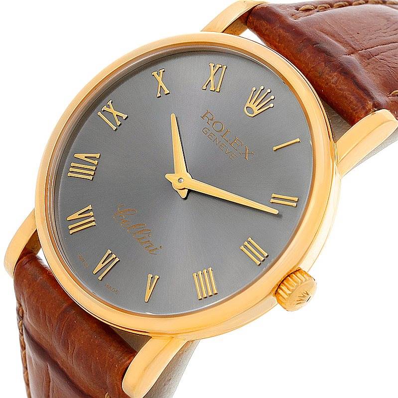The image shows the face, bezel, crown, and part of the leather strap of a Rolex Cellini 5115 Men's Yellow Gold Grey Dial 5115 Men's Yellow Gold Grey Dial watch at a slight angle.