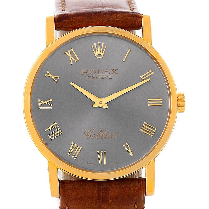The image shows a Rolex Cellini 5115 Men's Yellow Gold Grey Dial 5115 Men's Yellow Gold Grey Dial watch with a gold case, grey dial, and brown leather strap, captured from the front.