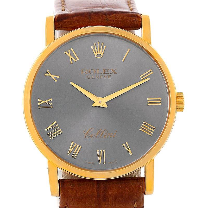 Rolex Cellini Classic Mens 18K Yellow Gold Slate Dial Watch 5115 SwissWatchExpo