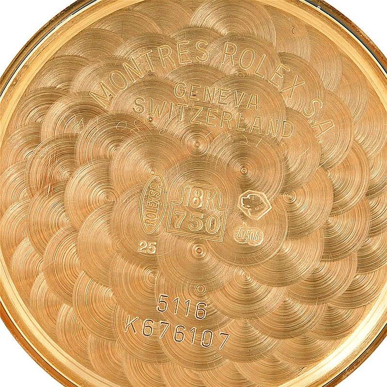 This image shows the interior case back of a Rolex Cellini 5116 Men's Yellow Gold Mother of Pearl Dial 5116 Men's Yellow Gold Mother of Pearl Dial watch, marked with model details and 18K gold certification.