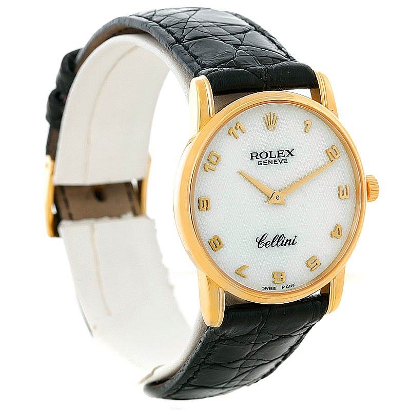 The image shows a side and front angle of a Rolex Cellini 5116 Men's Yellow Gold Mother of Pearl Dial 5116 Men's Yellow Gold Mother of Pearl Dial watch with a gold case and black leather strap.