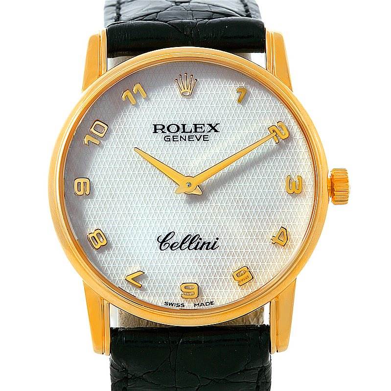 This image shows a front view of a Rolex Cellini 5116 Men's Yellow Gold Mother of Pearl Dial 5116 Men's Yellow Gold Mother of Pearl Dial watch, highlighting its face, hands, and strap ends.