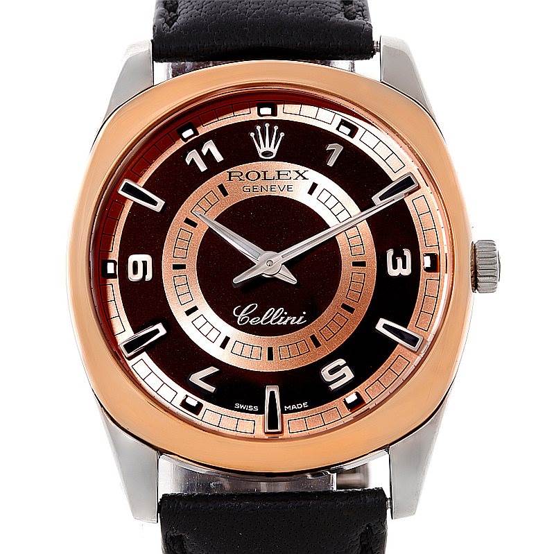 This image shows a frontal view of the Rolex Cellini 4243 Men's White Gold Black Dial 4243 Men's White Gold Black Dial watch, highlighting its dial, bezel, and part of the strap.