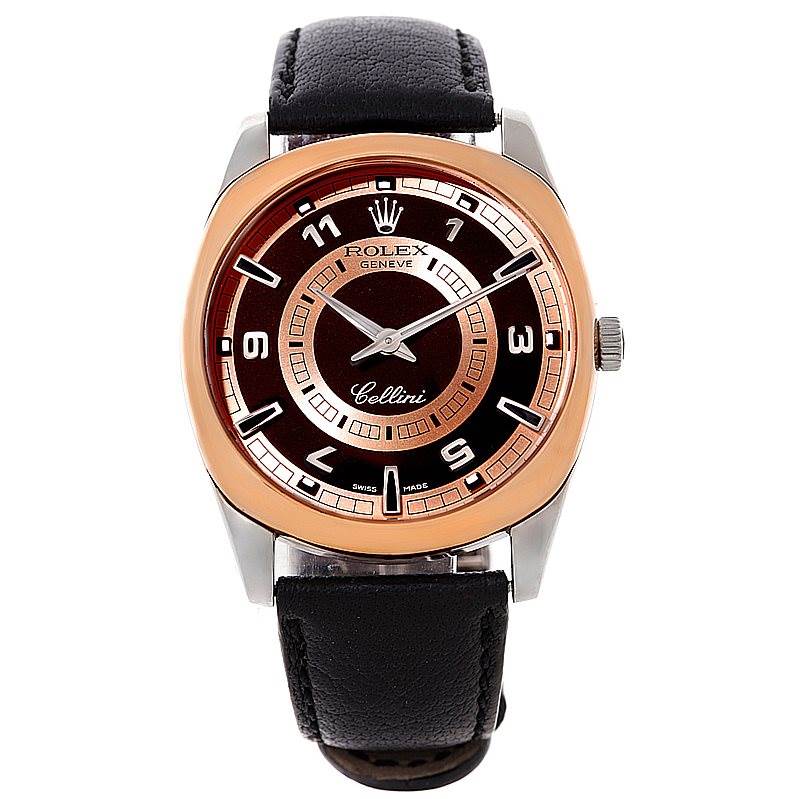 The image shows a front view of a Rolex Cellini 4243 Men's White Gold Black Dial 4243 Men's White Gold Black Dial watch with a black leather strap and a rose gold bezel.