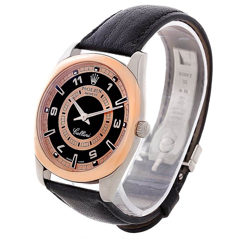 The image shows a Rolex Cellini 4243 Men's White Gold Black Dial 4243 Men's White Gold Black Dial watch at a three-quarter angle, highlighting the face, bezel, crown, and leather strap.