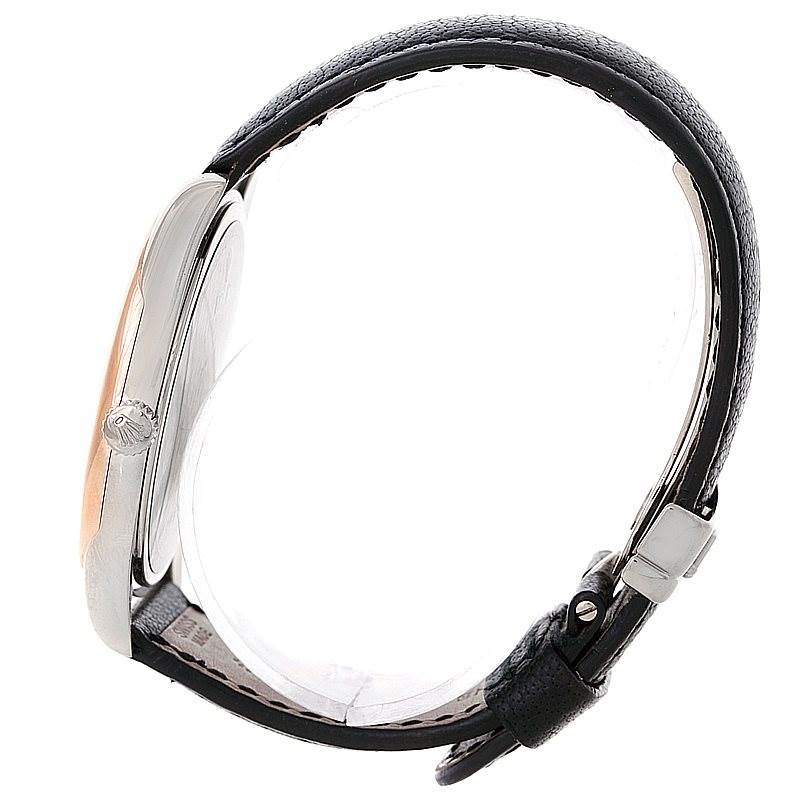 The image shows a side view of a Rolex Cellini 4243 Men's White Gold Black Dial 4243 Men's White Gold Black Dial watch, highlighting its crown, case, and leather strap.