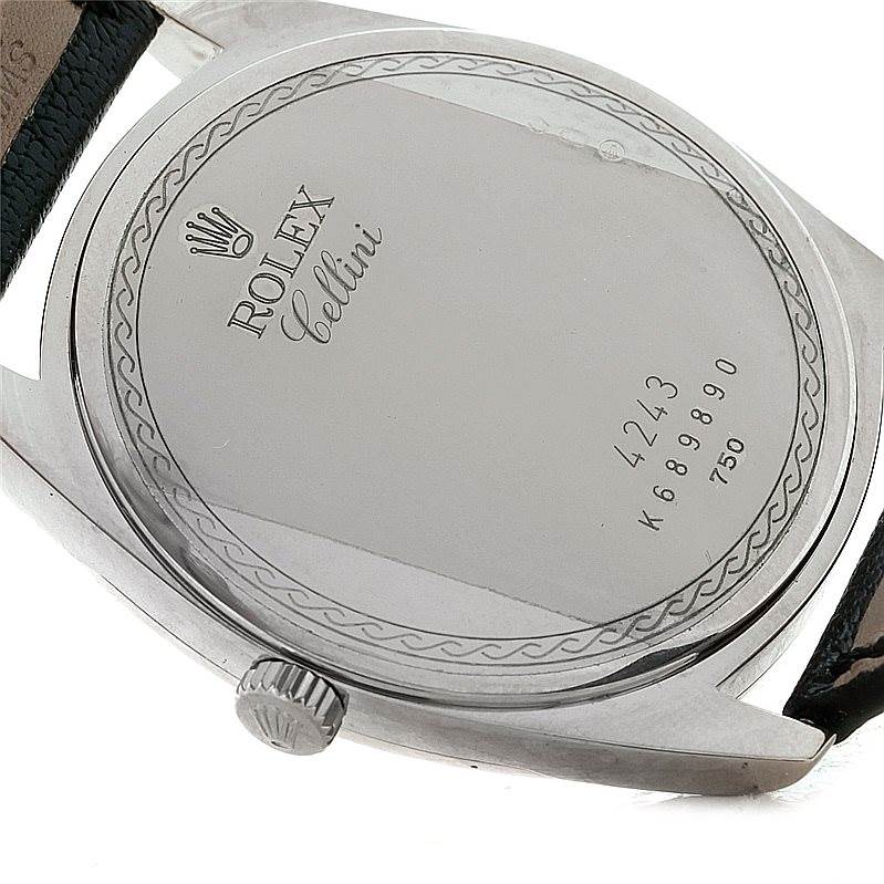 The image shows the back casing of a Rolex Cellini 4243 Men's White Gold Black Dial 4243 Men's White Gold Black Dial watch from a slightly angled overhead perspective.