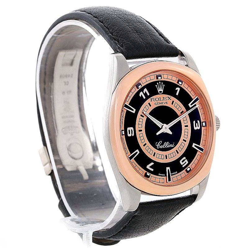 This image shows a side angled view of the Rolex Cellini 4243 Men's White Gold Black Dial 4243 Men's White Gold Black Dial watch, highlighting its dial, case, and strap.