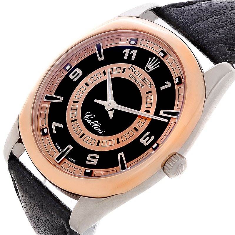 This image shows a Rolex Cellini 4243 Men's White Gold Black Dial 4243 Men's White Gold Black Dial watch at an angled view, highlighting the face, crown, and a portion of the leather strap.