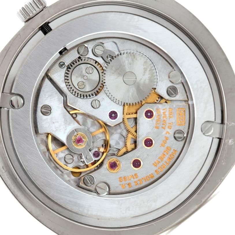 The image shows the intricate internal movement components of a Rolex Cellini 4233 Men's White Gold Black Dial 4233 Men's White Gold Black Dial watch from a rear view.