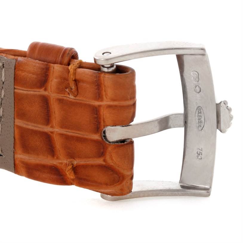 This image shows a close-up side view of a Rolex Cellini 4233 Men's White Gold Black Dial 4233 Men's White Gold Black Dial watch leather strap and its buckle clasp.