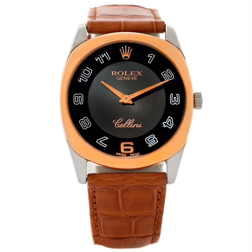 The image shows a front view of the Rolex Cellini 4233 Men's White Gold Black Dial 4233 Men's White Gold Black Dial watch, highlighting its black dial, gold accents, and brown leather strap.