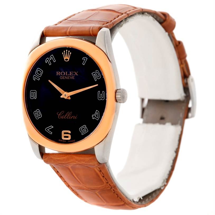 The image shows a Rolex Cellini 4233 Men's White Gold Black Dial 4233 Men's White Gold Black Dial watch at an angled view highlighting the dial, case, crown, and brown leather strap.