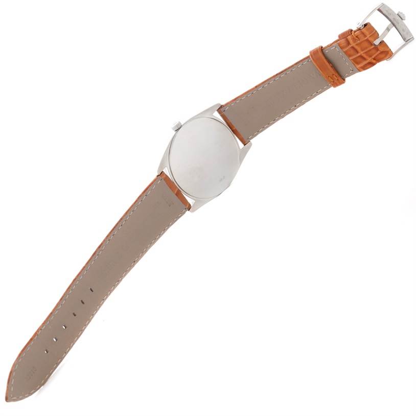 The image shows the back case and strap of a Rolex Cellini 4233 Men's White Gold Black Dial 4233 Men's White Gold Black Dial watch laid out flat with the buckle visible.