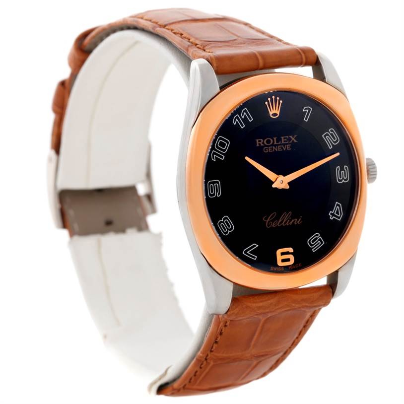 The image shows a Rolex Cellini 4233 Men's White Gold Black Dial 4233 Men's White Gold Black Dial watch at a slight angled view, highlighting its brown leather strap, black dial, and gold bezel.