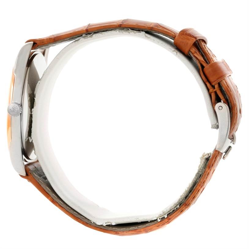 The image shows a side view of a Rolex Cellini 4233 Men's White Gold Black Dial 4233 Men's White Gold Black Dial watch, highlighting the side profile, bezel, crown, and leather strap with buckle.