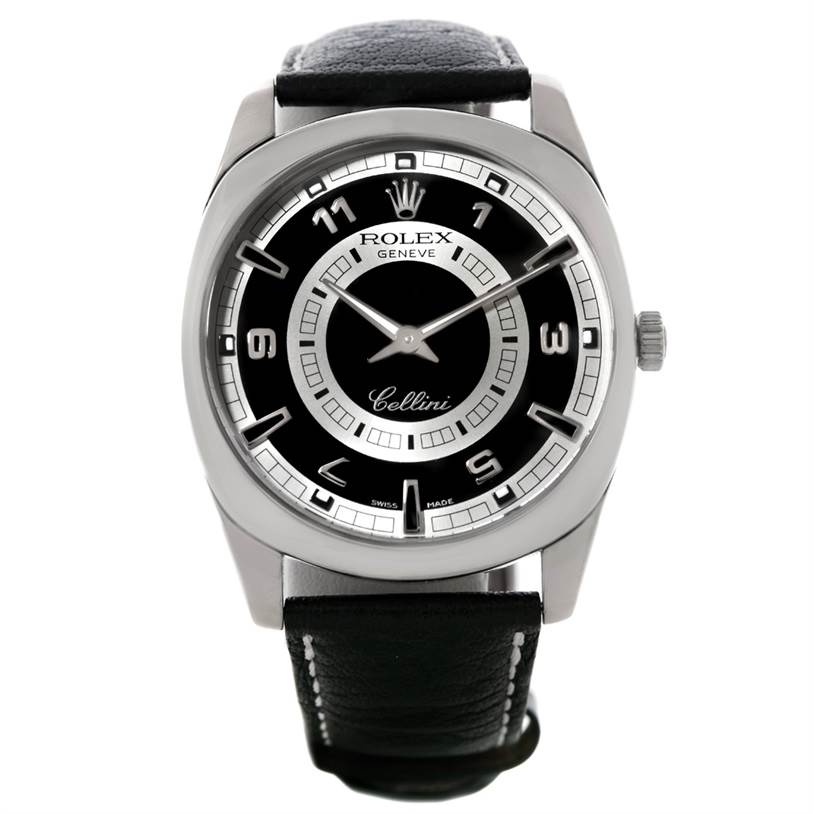 The image shows a front view of a Rolex Cellini 4243 Men's White Gold Black Dial 4243 Men's White Gold Black Dial watch with a black dial and leather strap.