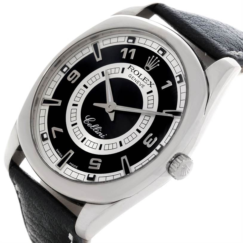 This image shows a close-up angled view of the Rolex Cellini 4243 Men's White Gold Black Dial 4243 Men's White Gold Black Dial watch, showcasing its dial, hands, and crown.