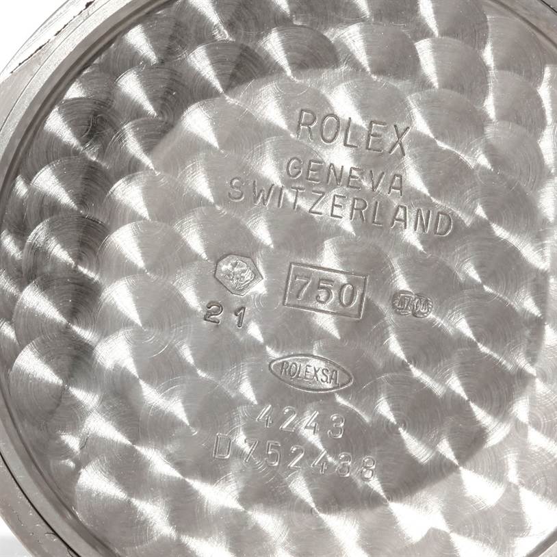 The image shows the inner case back of a Rolex Cellini 4243 Men's White Gold Black Dial 4243 Men's White Gold Black Dial watch, featuring engravings with model details.