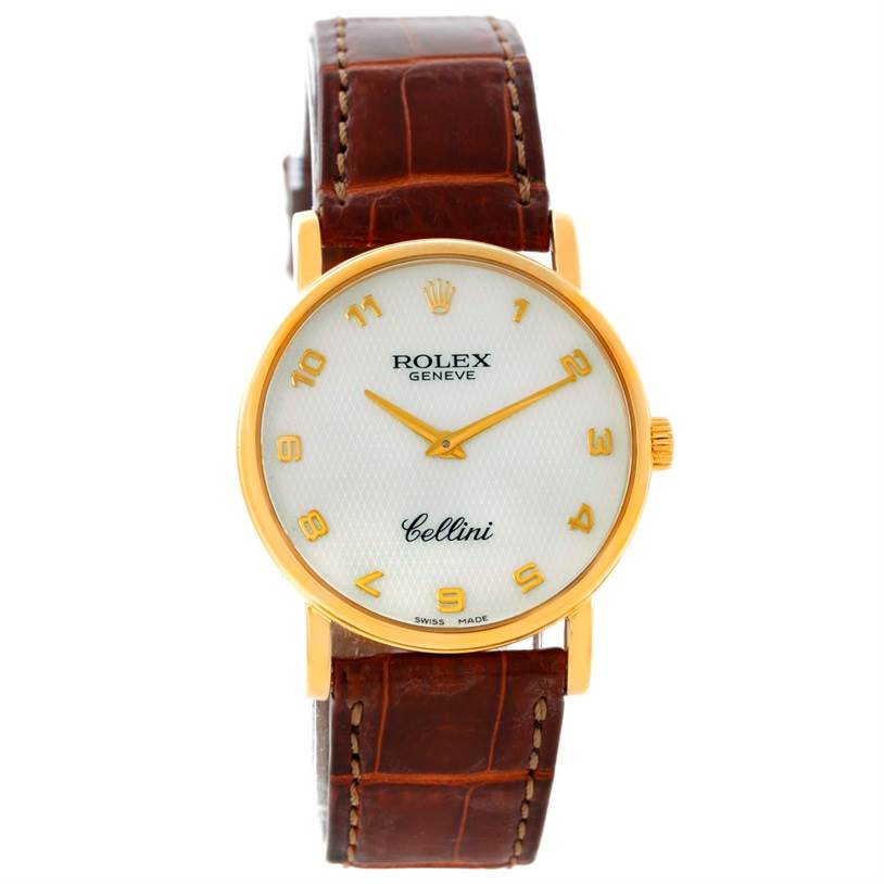 The image shows a front view of the Rolex Cellini 5115 Men's Yellow Gold Mother of Pearl Dial 5115 Men's Yellow Gold Mother of Pearl Dial watch, featuring a gold case, white dial, and brown leather strap.