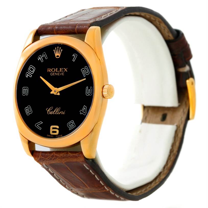 The image shows a Rolex Cellini 4233 Men's Yellow Gold Black Dial 4233 Men's Yellow Gold Black Dial watch from a side angle, highlighting the dial, watch case, crown, and leather strap.