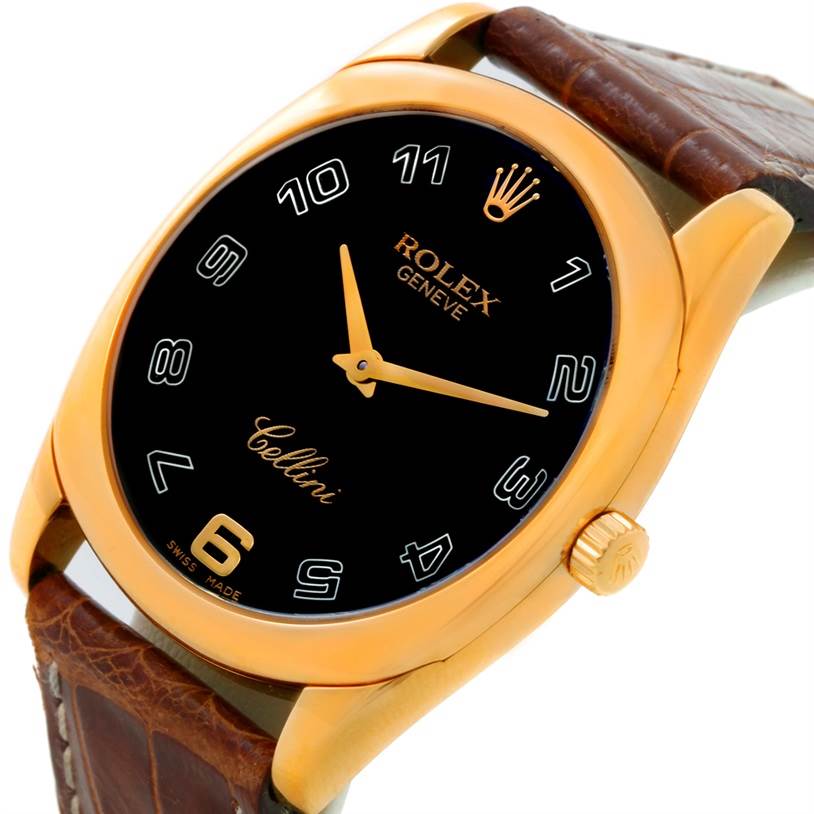 The image shows a close-up angle of a Rolex Cellini 4233 Men's Yellow Gold Black Dial 4233 Men's Yellow Gold Black Dial watch, highlighting the dial, crown, and part of the leather strap.
