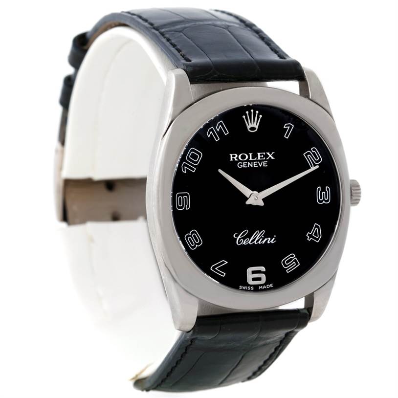 The Rolex Cellini 4233 Men's White Gold Black Dial 4233 Men's White Gold Black Dial watch is shown at a slight angle, featuring its black dial, silver hands, and black leather strap.