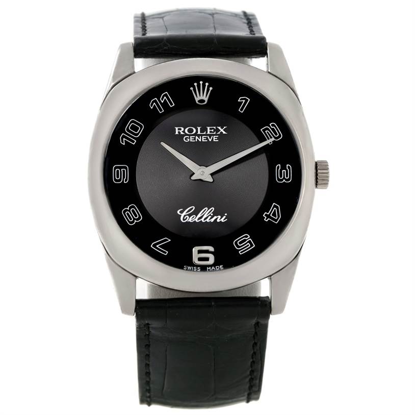 This image shows a front view of a Rolex Cellini 4233 Men's White Gold Black Dial 4233 Men's White Gold Black Dial watch, displaying the entire watch face and part of the strap.