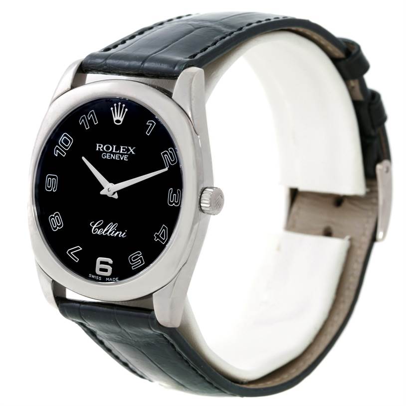 The Rolex Cellini 4233 Men's White Gold Black Dial 4233 Men's White Gold Black Dial watch is shown at a slight angle, displaying the face, bezel, crown, and part of the leather strap.