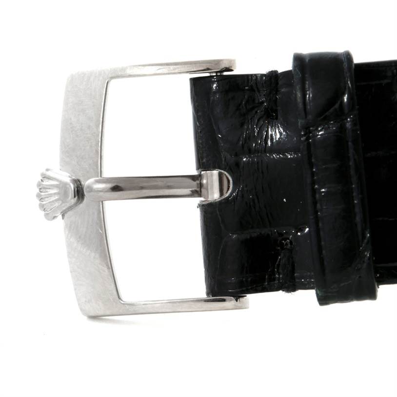 This image shows a close-up side view of the buckle and black leather strap of a Rolex Cellini 4233 Men's White Gold Black Dial 4233 Men's White Gold Black Dial watch.