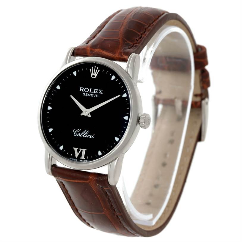 This image shows a front angled view of a Rolex Cellini 5116 Men's White Gold Black Dial 5116 Men's White Gold Black Dial watch, highlighting the dial, case, and leather strap.