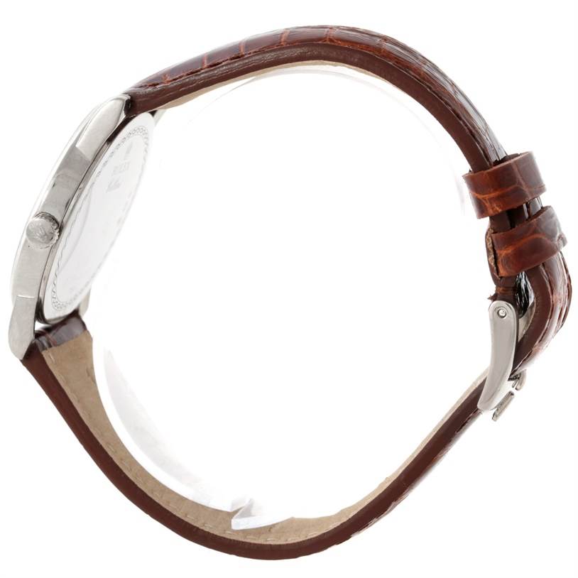 The image shows a side view of a Rolex Cellini 5116 Men's White Gold Black Dial 5116 Men's White Gold Black Dial watch, focusing on its case, crown, and leather strap with a buckle.