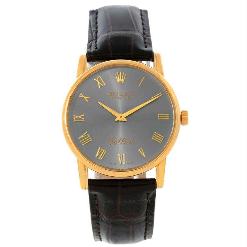 The image shows a frontal view of a Rolex Cellini 5116 Men's Yellow Gold Grey Dial 5116 Men's Yellow Gold Grey Dial watch with a gold case, grey dial, and black leather strap.